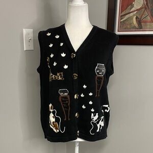 Victoria Harbour Womens black cats kitty sweater vest size Large fun kitsch